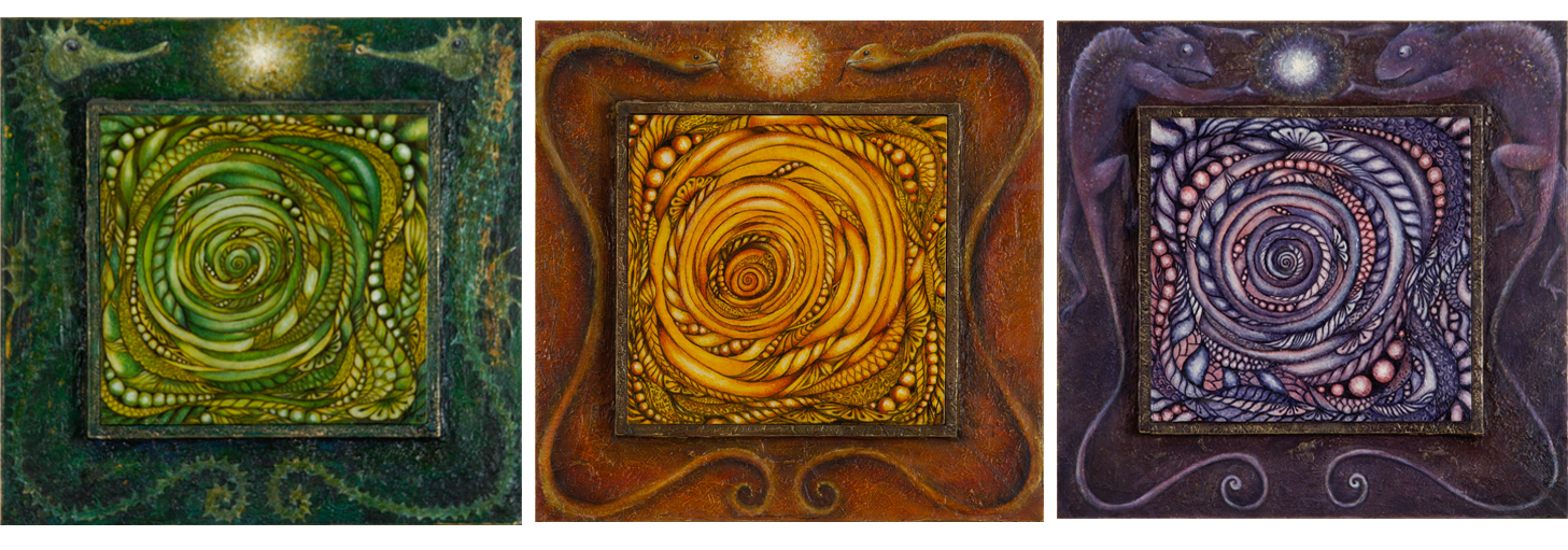 Tier Triptychon mit Spiralen